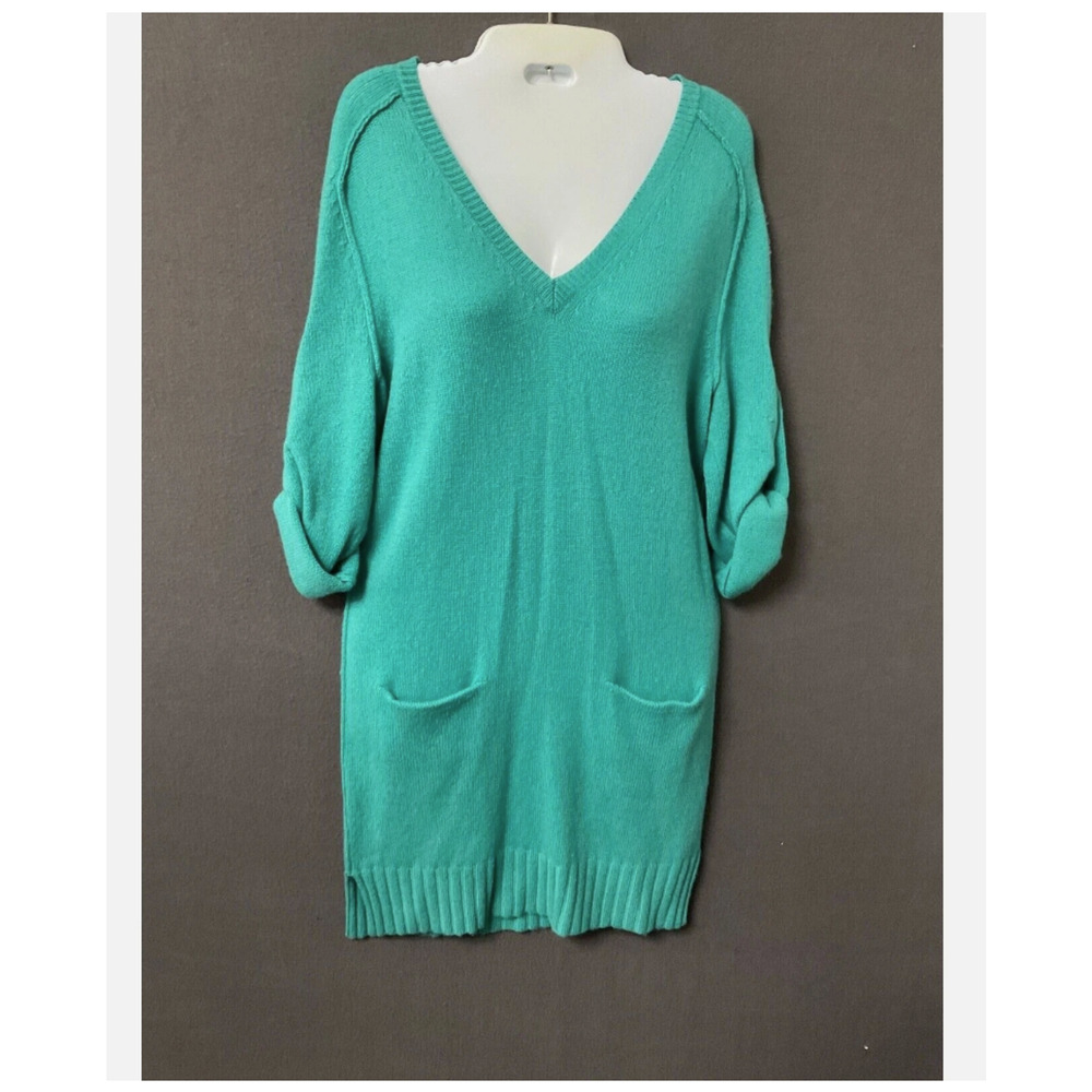 BCBGMAXAZRIA Sweater Dress Womens XS Green Knit V Neck 3/4 Roll Tab Pockets